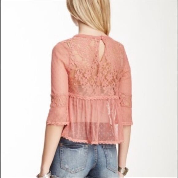 Free People Modern Romance Rose Pink Sheer Lace Top Boho Size XS - Picture 2 of 9